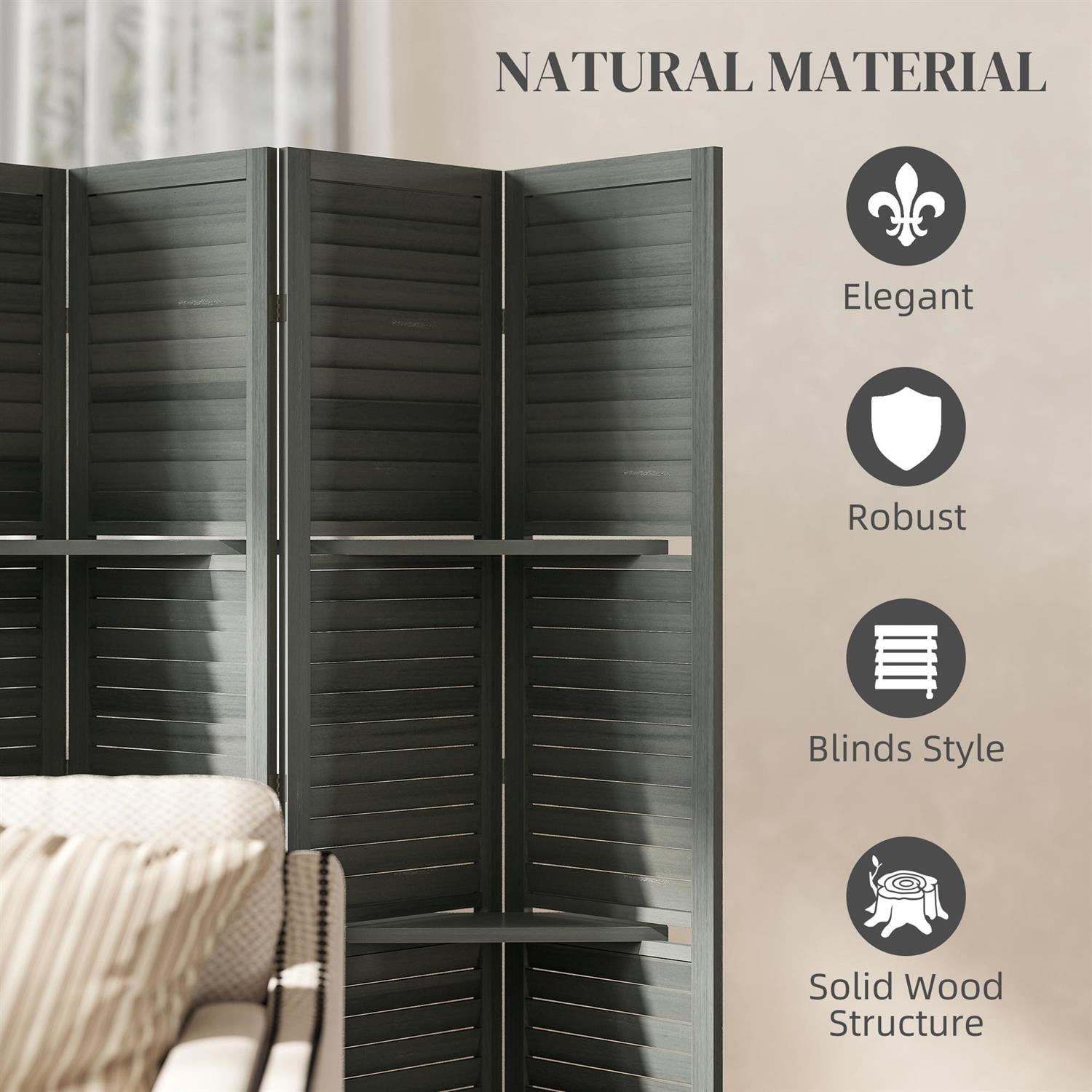 Demi Bonn 67" Tall Wood Privacy Screen Room Divider with 6 Panels, 3 Shelves, Folding Storage for Bedrooms, Gray