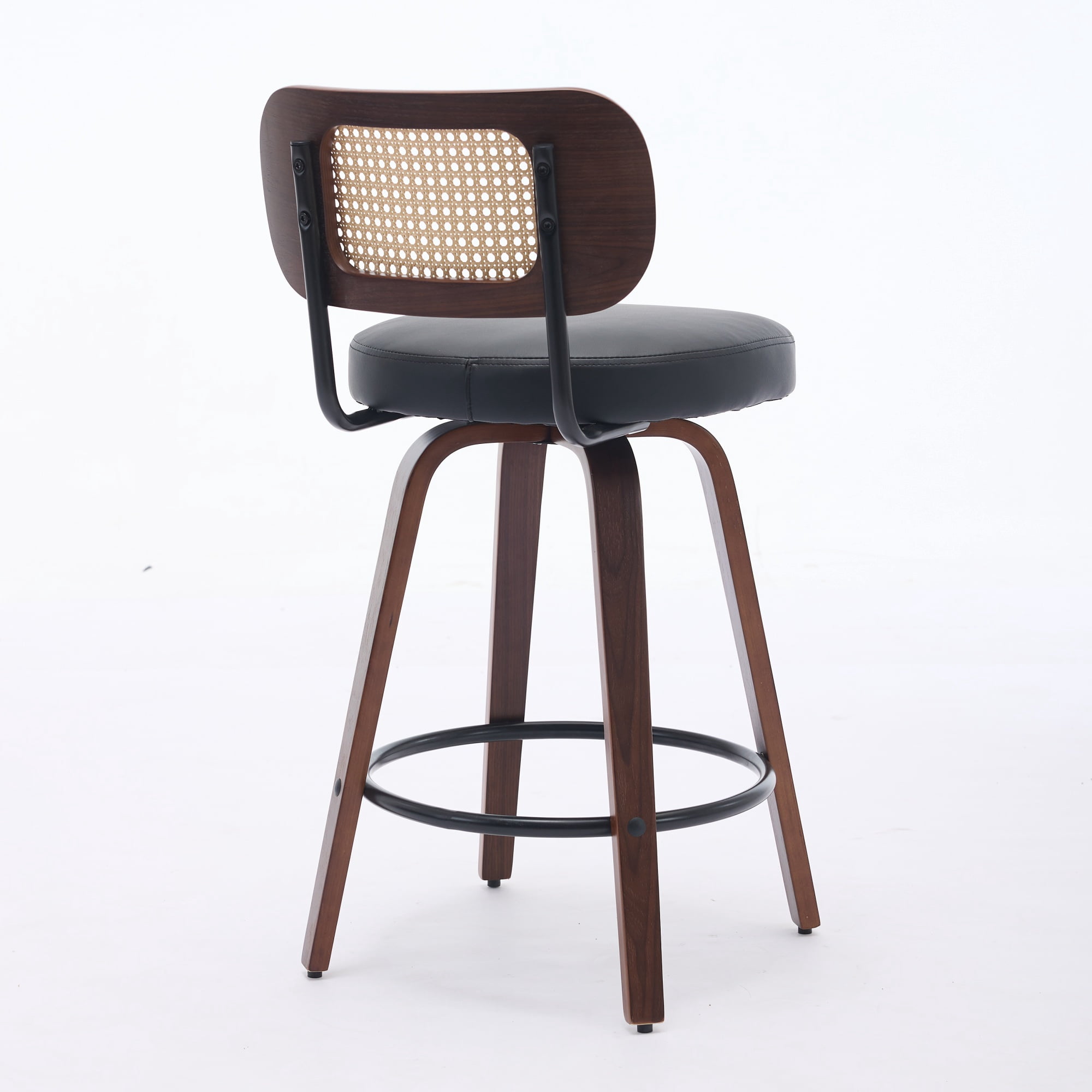 Oufan Swivel Bar Stools Set of 3, Wooden Counter Height Bar Chairs w/ Upholstered Seat & Rattan Backrest, Farmhouse Barstool for Kitchen Island,Cafe