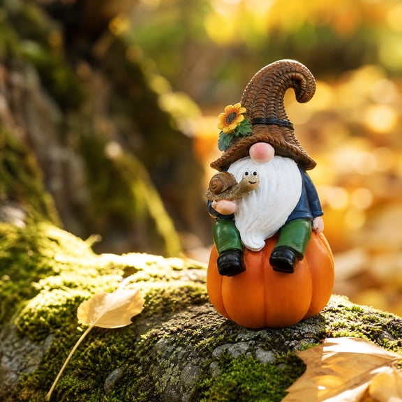 Fall Gnome Figurine 6 Inch Resin Pumpkin Sitting Statue with Sunflower Hat and Snail for Autumn Thanksgiving Harvest Tabletop Shelf Decor