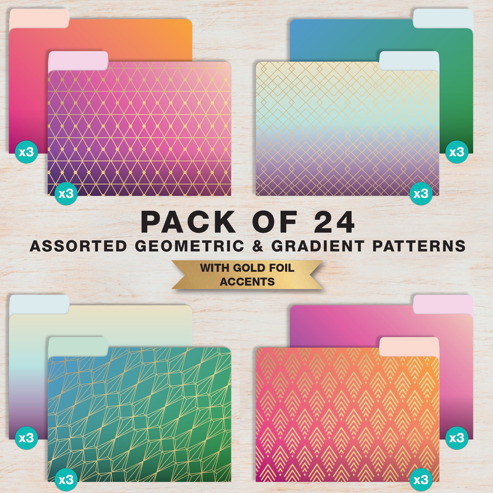 Global Printed Products Deluxe Designer Printed File Folders, 1/3 Cut Tab, Assorted Positions, Letter Size, 24/pk (Geometric Foil)