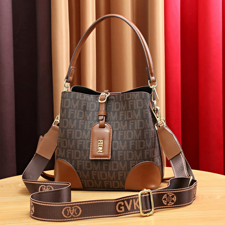 QUARRYUS Letter Detail Bucket Bag, Fashion Top Handle Purse, Stylish Faux Leather Shoulder Bag, Women's, Size: One size, Brown