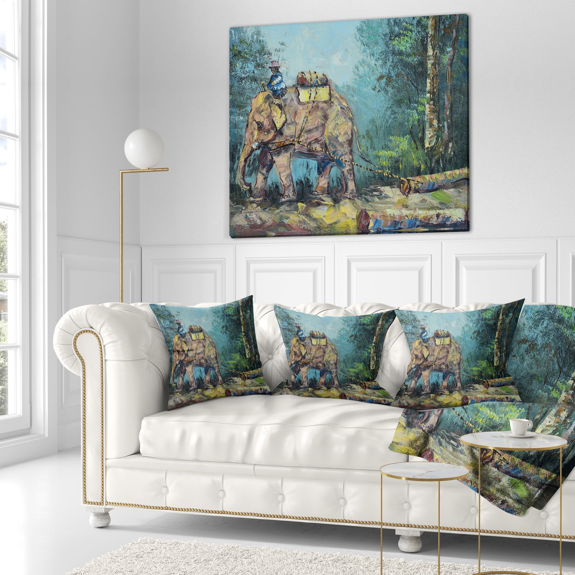 Designart Elephant Dragging Logs - Animal Throw Pillow - 18x18