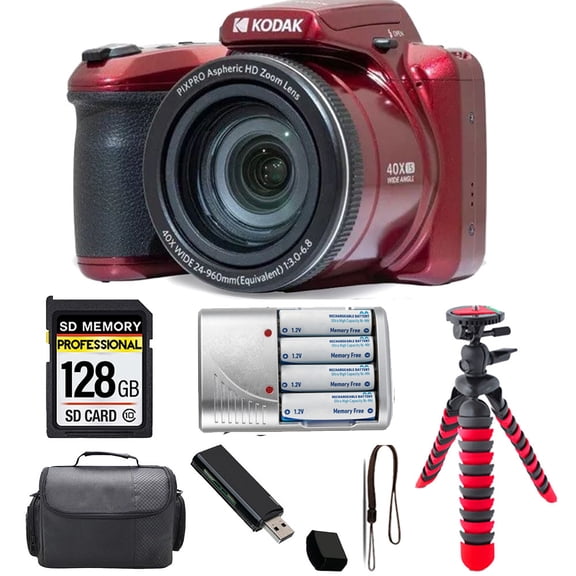 Kodak PIXPRO AZ405 Digital Camera (Red) Spider Tripod Case - 128GB Kit