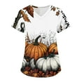 thumbnail image 1 of Blusas de trabajo de manga corta con cuello en V y bolsillos para mujer con estampado de Halloween, 1 of 3