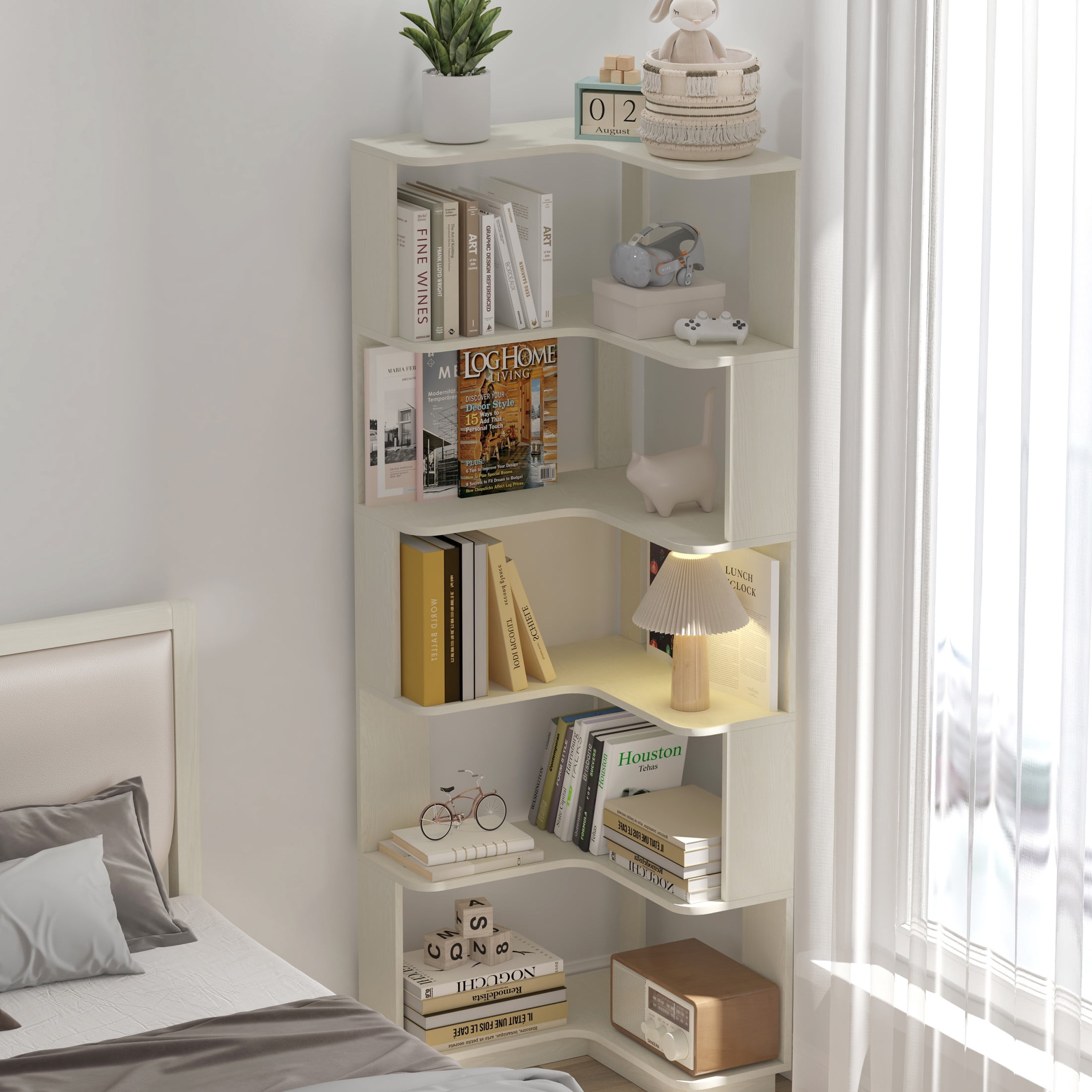 Noble House Vayen 65" L-Shaped Corner Bookshelf, 6-Tier Anti-Drop Wooden Bookcase, Open Storage Rack, White Oak