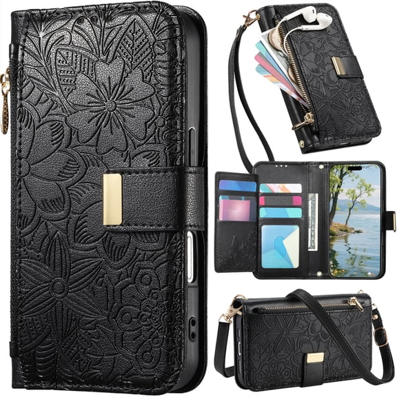 for Samsung Galaxy S25 Leather Phone Case Zipper Wallet Handbag, Embossed Floral Folio Flip Cover Kickstand, 2 Layer Card Slot Cash Holder, Magnetic Buckle, Shoulder Wrist Strap
