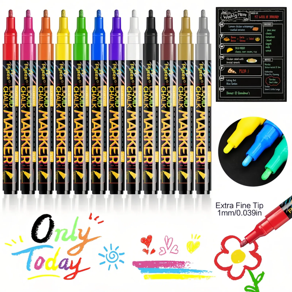 Liquid Chalk Markers for Blackboard & Glass, 12 Pack Dry Erase Marker Pens,Window Marker, Liquid Chalk Pens for Acrylic Dry Erase Board, Mirror, Car, Glass,Signs,Thin Chalkboard,1mm Point