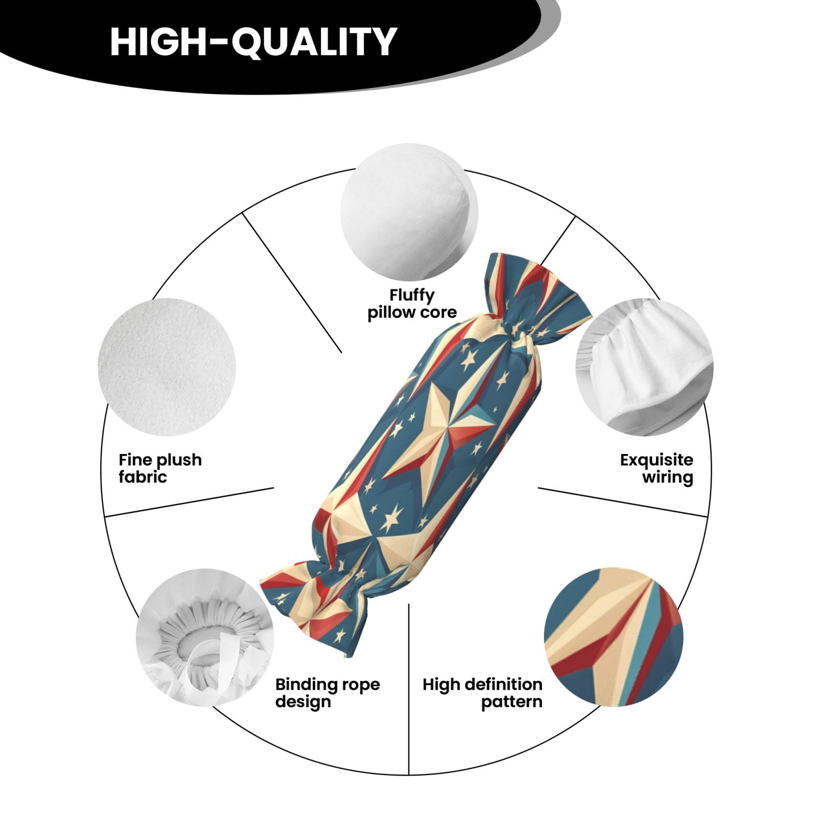 Candy Throw Pillow Travel Cervical Pillow Cylindrical Neck Body Cushion With Insert For Bed Couch Home Decor 9.8x24.4in Independence Day Theme Elements Star (7)