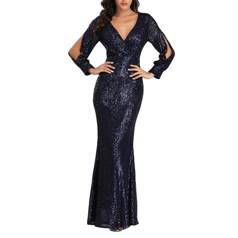 damask sequin fishtail maxi party dress Sequin Fishtail Maxi Dress With Sleeves Women Prom Dress Tassel Sleeves  Sheath Slim Fit V Neck