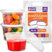 Stack Man [48 Pack, 16 oz] Plastic Deli Food Storage Soup Containers With Airtight Lids, Freezer Safe | Meal Prep | Stackable | Leakproof | BPA Free, Clear