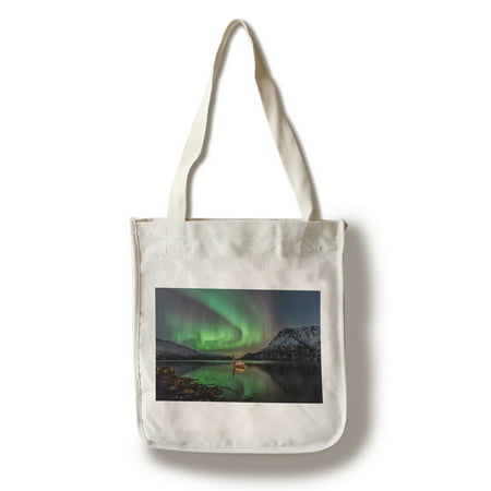 12 Ft Fishing Boat Fishing Boat on Lake & Northern Lights - Lantern Press Photography (100% Cotton Tote Bag - Reusable) ()