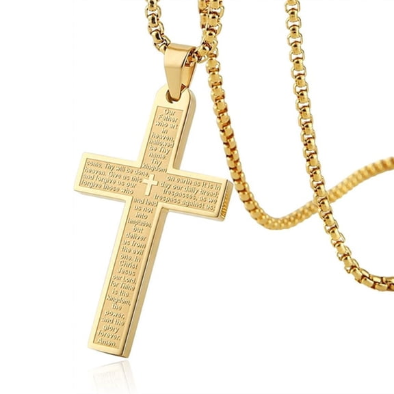 Lord's Prayer Cross Pendant Necklace, Gold & Black Stainless Steel Box Chain