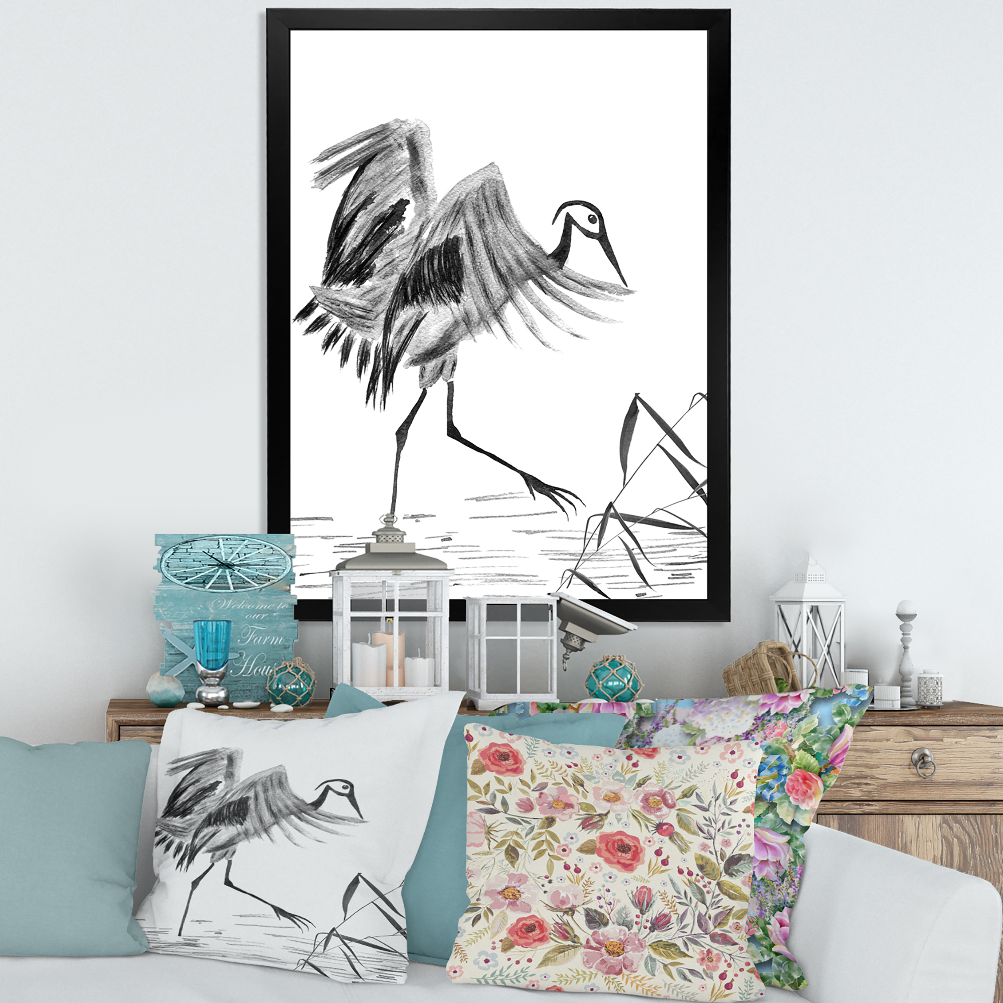 Designart 'Monochrome Japanese Oriental Crane Bird' Traditional Framed Art Print