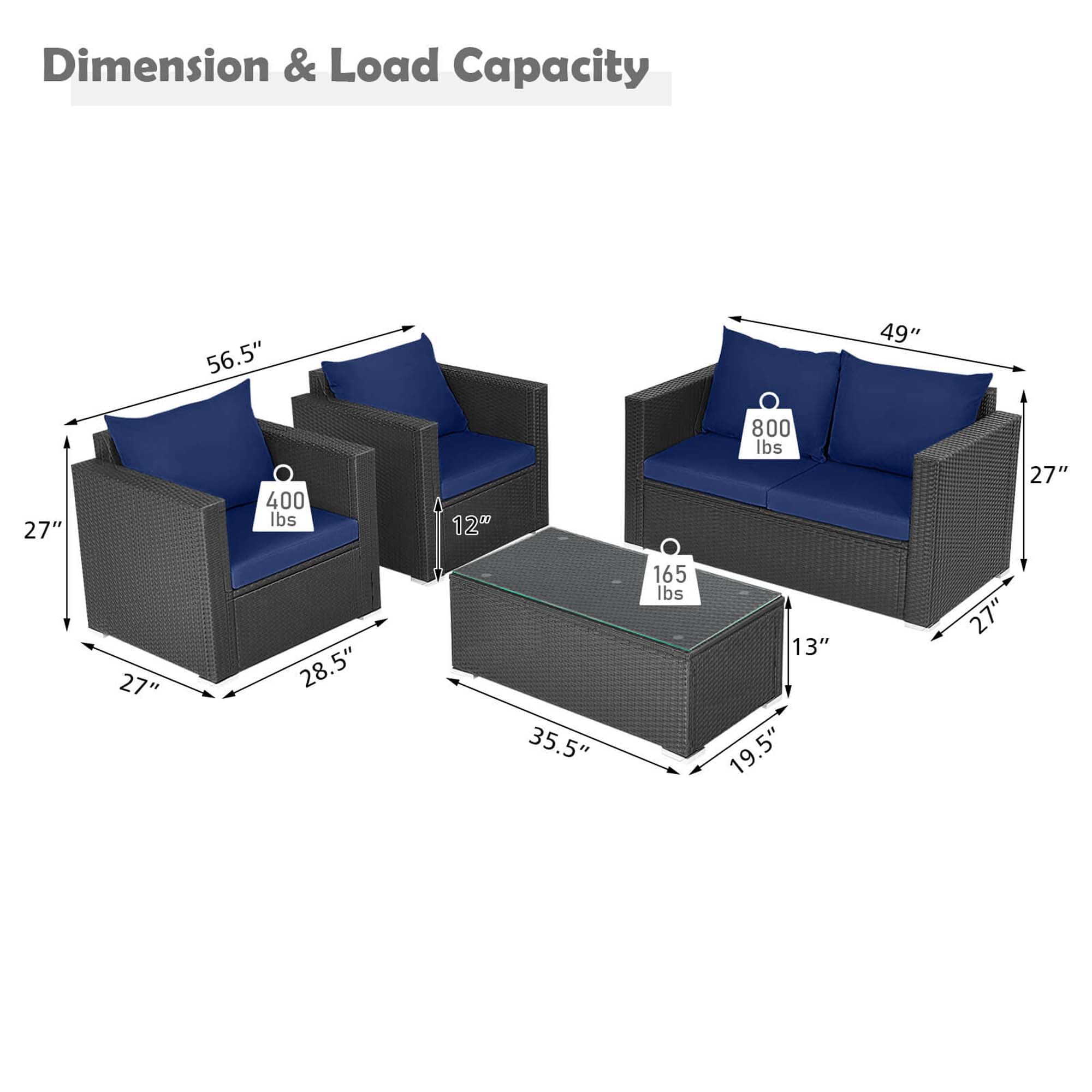 Costway 4 PCS Patio Rattan Furniture Set Cushioned Sofa Chair Coffee Table Blue