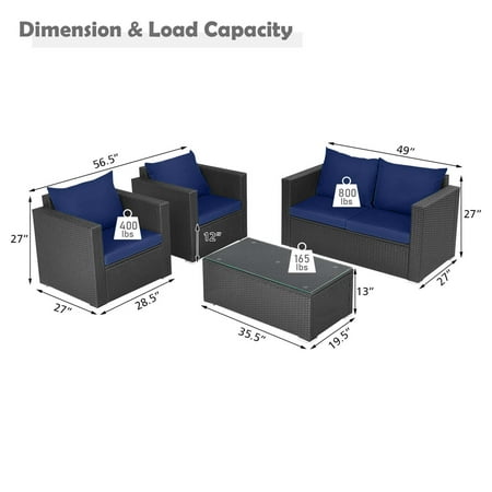 Costway 4 PCS Patio Rattan Furniture Set Cushioned Sofa Chair Coffee Table - Black,Blue