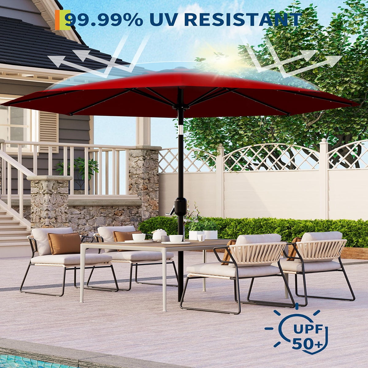 Ataucjin 10ft Outdoor Steel Polyester Market Patio Umbrella with Crank With 40 LED Lights,8 Ribs Market Umbrella With Push Button Tilt Easy Push Button,Tilt,Table Compatible（without umbrella base）