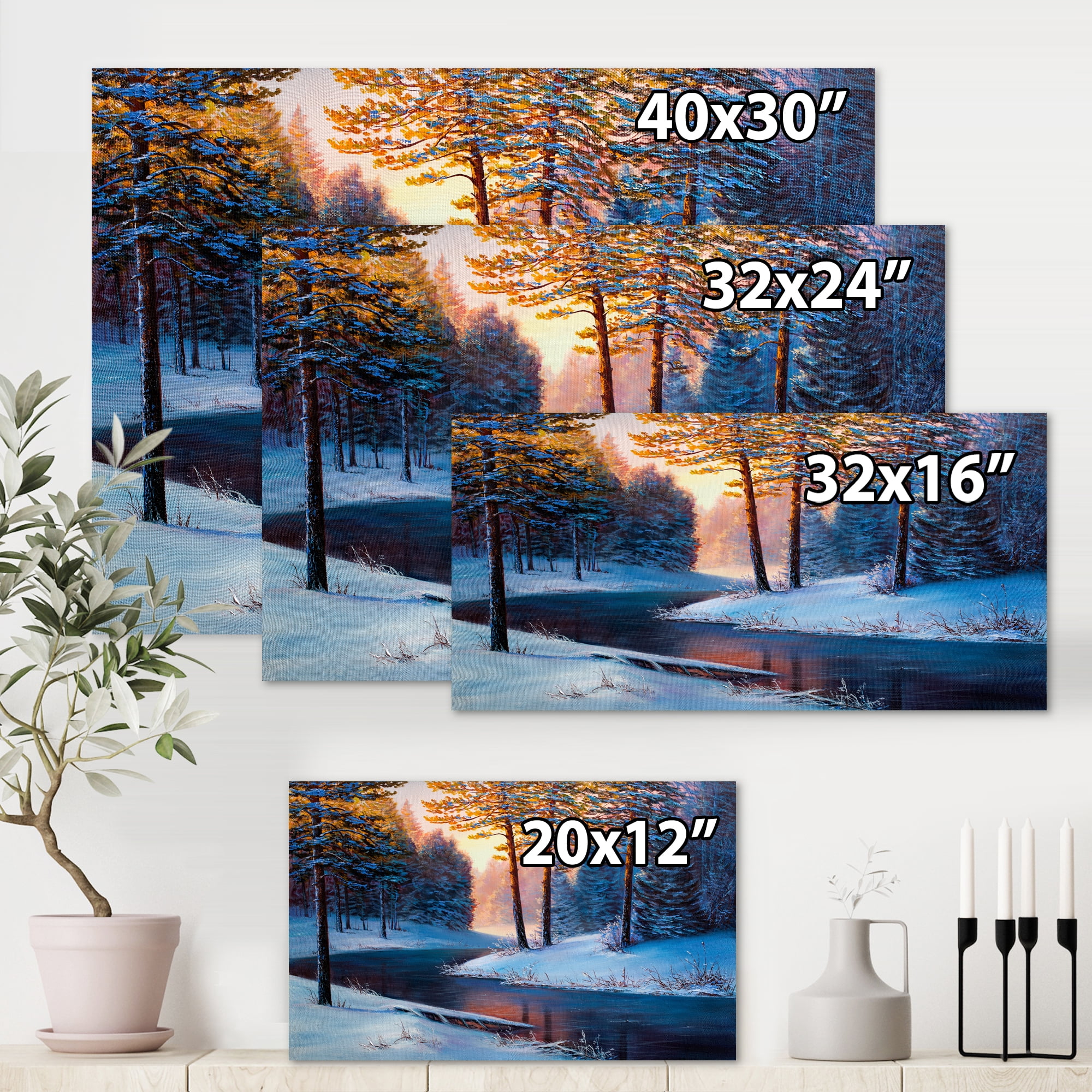 Designart ' Morning Glow Through The Christmas Forest By The River ' Lake House Canvas Wall Art Print