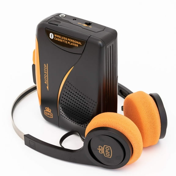 Bluetooth Wireless Cassette Tape Recorder with Headphones, Black and Orange