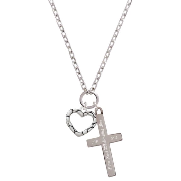 Delight Jewelry Silvertone Open Pebble Heart Everlasting Love Engraved Cross Zoey Necklace, 28"