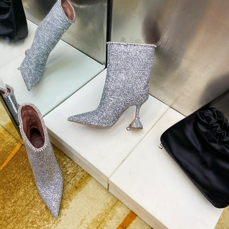 

French Women s Pointed Toe Sequined High-Heeled Shoes Niche High-Heeled Short Boots Temperament Wine Glass With Fashion Boots