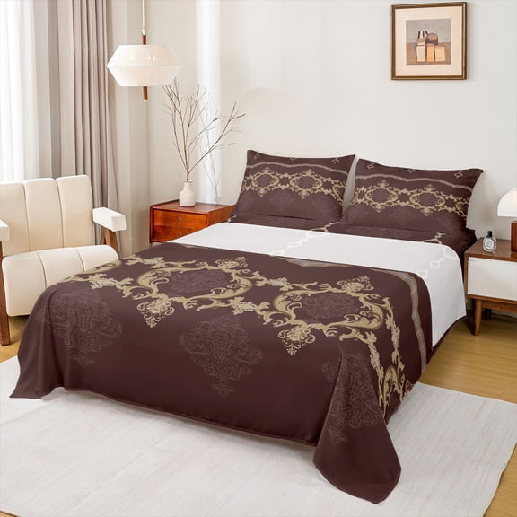 Feelyou Hippie Tribal Flower Full Size Sheets for Adult, Mandala Bohemian Bed Sheets, Vintage Damask Red Brown Sheet Sets, Lightweight Room Decor, 4-Piece