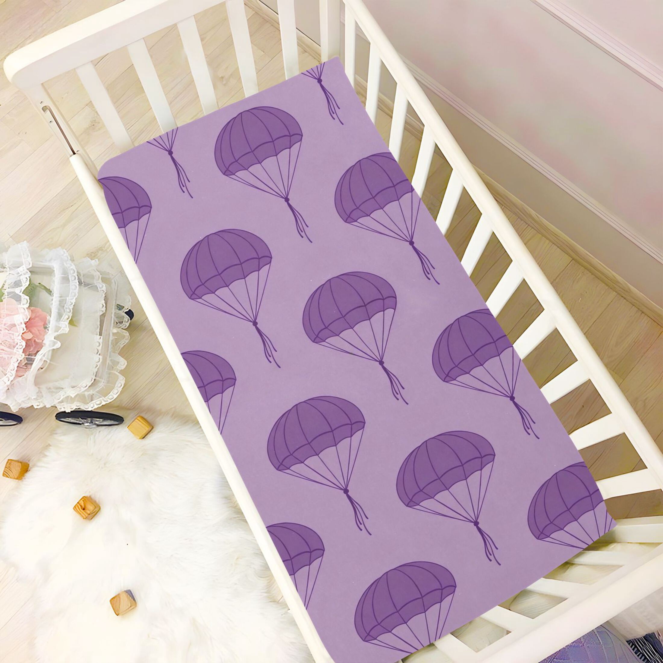 Baby Essentials 52”x 28”- Standard Cotton-like Modal Elastic- Purple Parachute Design Crib Sheets for Newborns and Toddlers
