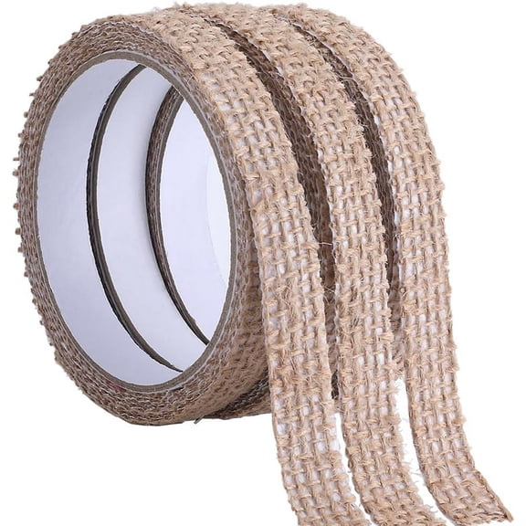 3 Rolls Flax Tape 1.5cm Wide Burlap Linen Decorative Tape Ribbon Sticky Craft Trim Self Adhesive Tape Sticker for Scrapbooking DIY Crafts Decoration Gift Wrapping Tan