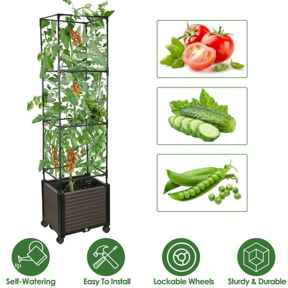 Raised Garden Bed Planter Boxes with Trellis for Climbing Vegetables Plants, 63" Tomatoes Planters Outdoor Tomato Cage w/Wheels 1 Pack