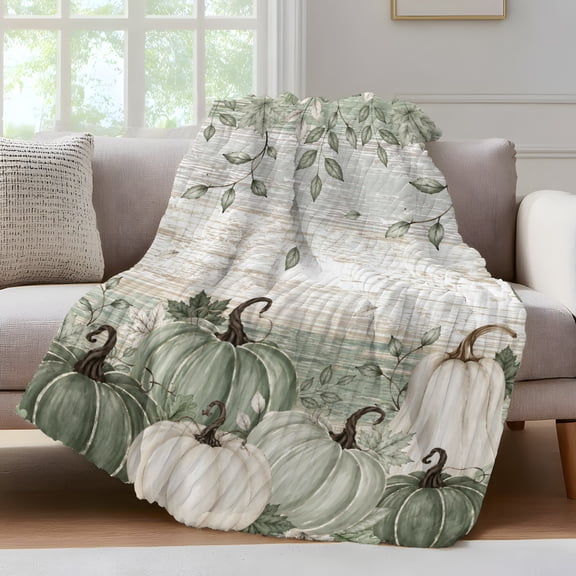 Sage Green Pumpkin Fall Fleece Throw Blanket for Couch, Vintage Autumn Botanical Thanksgiving Microfiber Flannel Blanket, Lightweight Fuzzy Plush Throw Blankets for Gifts, Office, 40"x50"