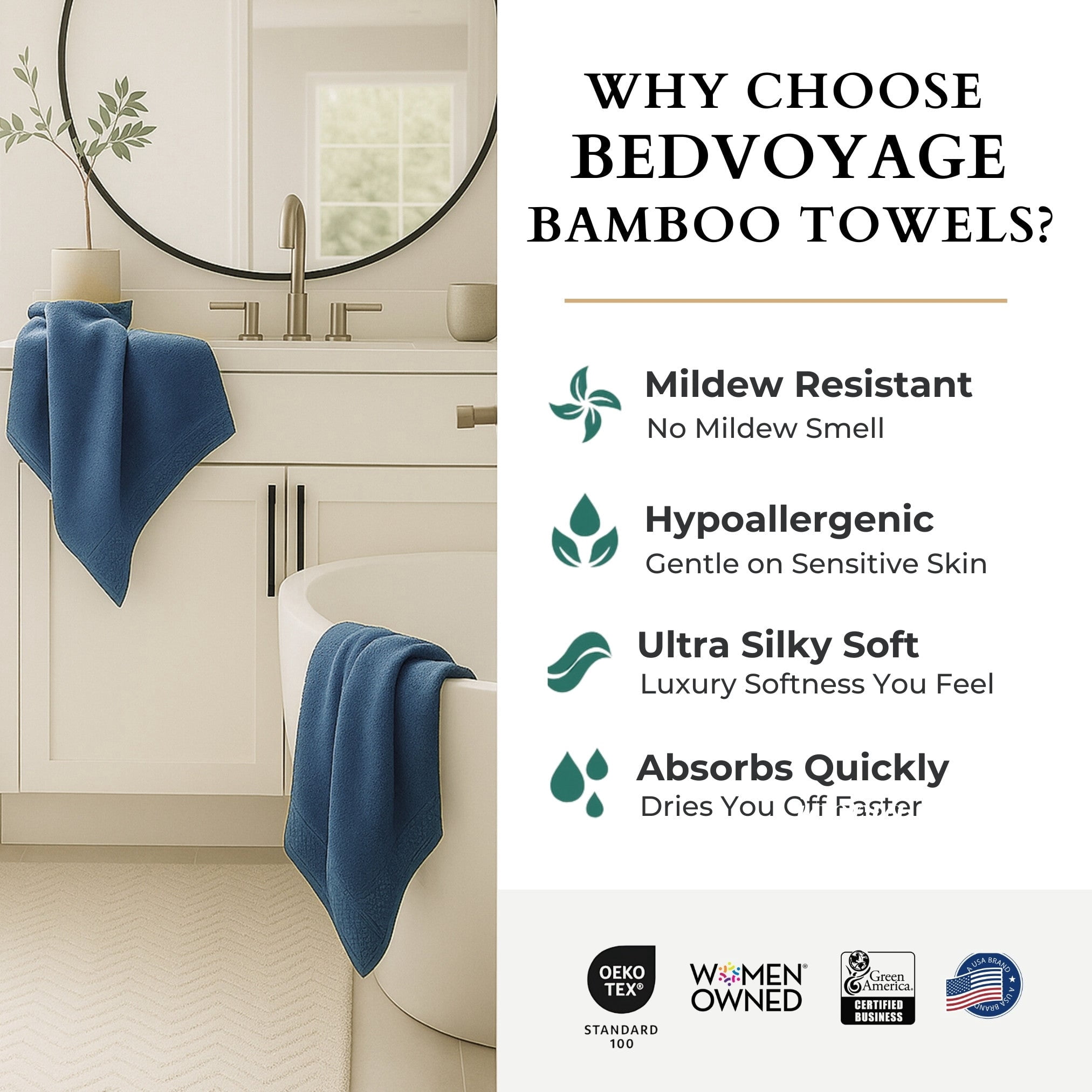 BedVoyage Luxury Towels, 8pc Set, 600 GSM, Ultra Soft Viscose derived from Bamboo Bath Towel, Super Absorbent, Extra Large - 2 Bath Size, 2 Hand Towels, 4 Washcloths - Indigo