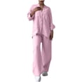 thumbnail image 2 of Autumn Plus Size 2 Piece Sets for Women Solid Color Retro Classic Wersatile Casual Cotton Linen Shirt Drawstring Wide Leg Pants Set Long Sleeved Round Neck Top/Shirt Set, 2 of 8