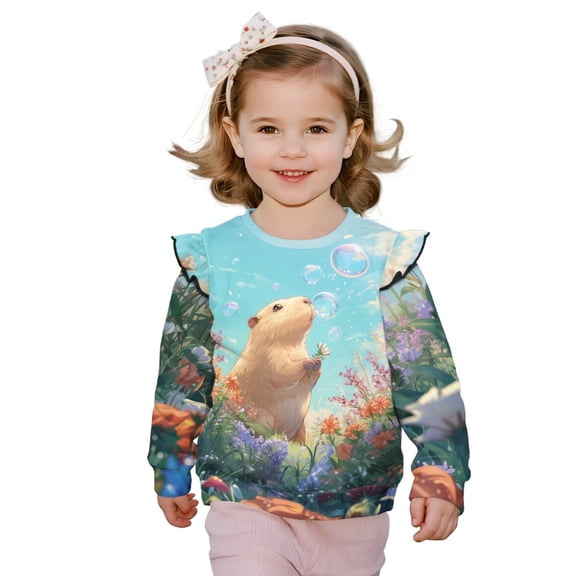 Xoenoiee Guinea Pig Bubble Flower Print Girls Long Sleeve T-Shirt Toddler Pullover Comfort Soft Sweatshirts Crewneck Tee Tops with Ruffles Trim, Size 1-2 Years