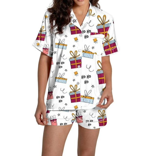 Pyjamas pour Femmes Imprimé Graphique Satin de Soie Mignon Vêtements de Nuit Boutons Manches Courtes Hauts Ensembles Shorts