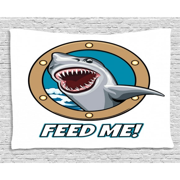 Sea Animal Decor Tapestry, Funny Vintage Quote with Hungry Hound Shark Head in Ship Window Humor Print, Wall Hanging for Bedroom Living Room Dorm Decor, 80W X 60L Inches, Multi, by Ambesonne
