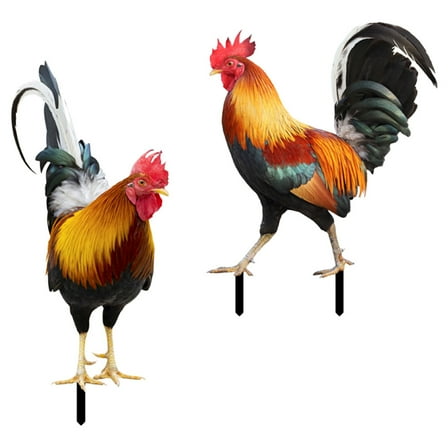 2 Pcs Metal Decor Simulation Rooster Stake Garden Statue Chicken
