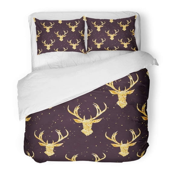 FMSHPON 3 Piece Bedding Set Holiday Shining Golden Reindeer Shimmering Simple and Stylish Christmas Celebration Twin Size Duvet Cover with 2 Pillowcase for Home Bedding Room Decoration