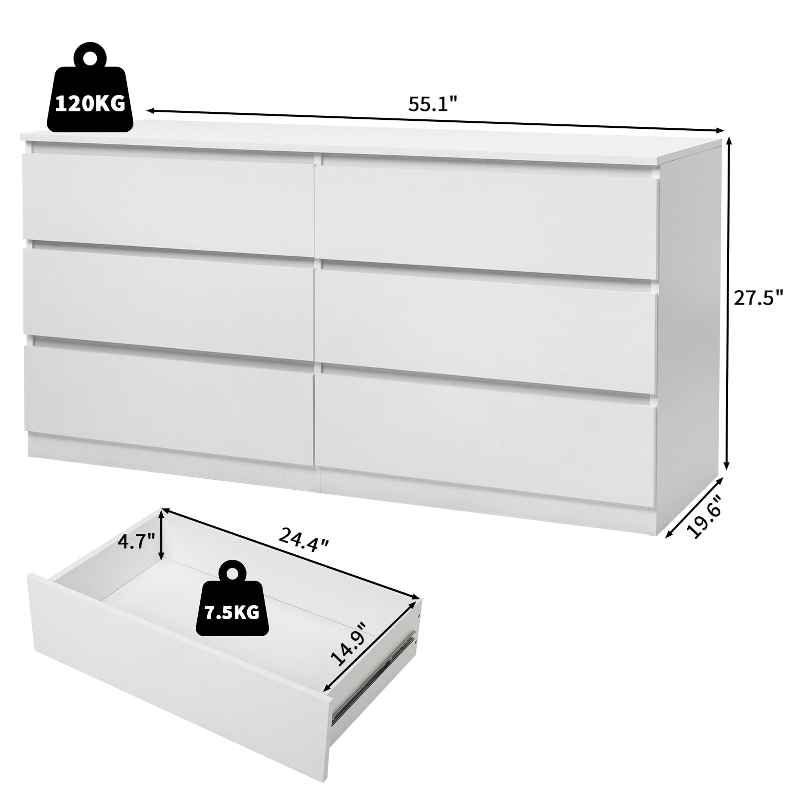 6-Drawer Double Dresser Spacious Storage Easy Assembly With Anti-Toppling Accessories For Bedroom Living Room Entryway​ White