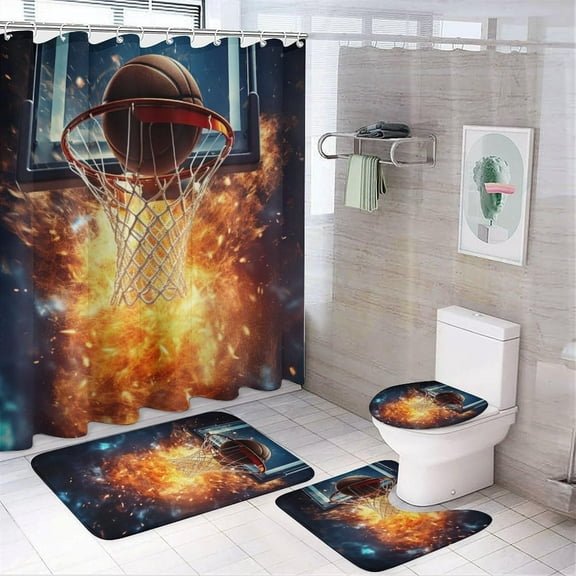 4 Pcs Rustic Basketball Shower Curtain Sets,Vintage Basketball Frame Sports Bathroom Set Shower Curtain Set with Rugs and Accessories,Bathroom Decor with Bath Mats Toilet Lid Cover