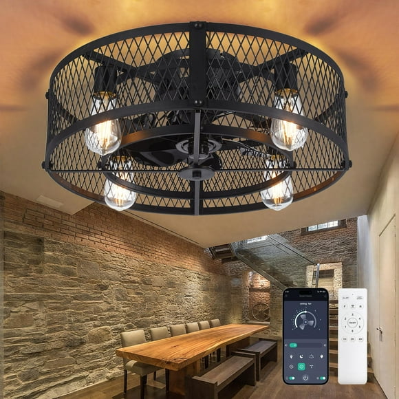 Depuley Flush Mount Ceiling Fan: 20" Caged Ceiling Fans with Lights and Remote App Control for Kitchen Bedroom Farmhouse - Rustic Low Profile Ceiling Fand