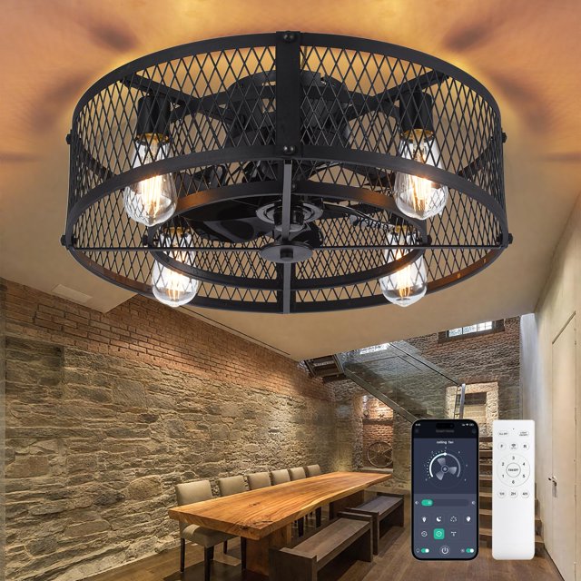 Depuley Flush Mount Ceiling Fan: 20" Caged Ceiling Fans with Lights and Remote App Control for Kitchen Bedroom Farmhouse - Rustic Low Profile Ceiling Fand