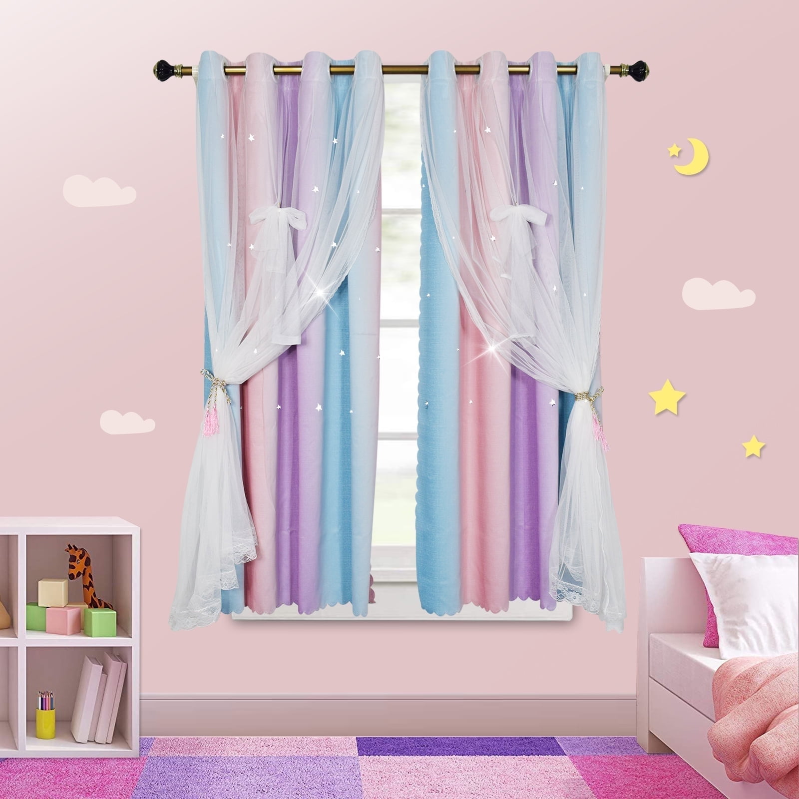 Psoiuetr Blackout Gradient Ombre Curtains for Kids Girls Bedroom Living Room Decor Rainbow Double Layers Star Cut Out Stripe Pink Purple Grommet Window Curtains,52"x63",1 Panel