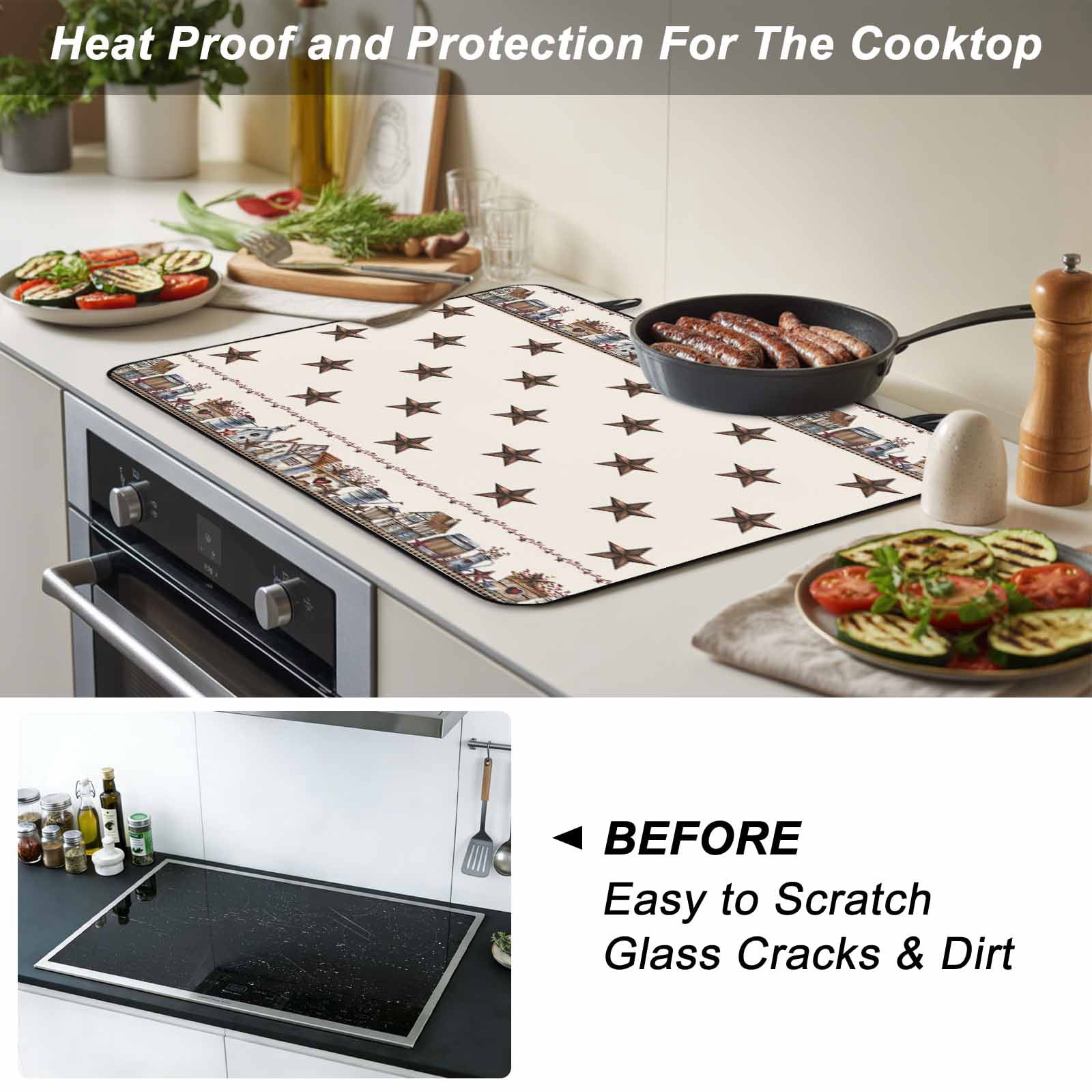Star Rustic Stove Top Cover for Electric Stove, Heat-proof & Non Slip Glass Top Stove Cover Protector, Farmhouse Country Star Barn Berry Brown Kitchen Flat Cooktop Rubber Mat 24x21 Inches