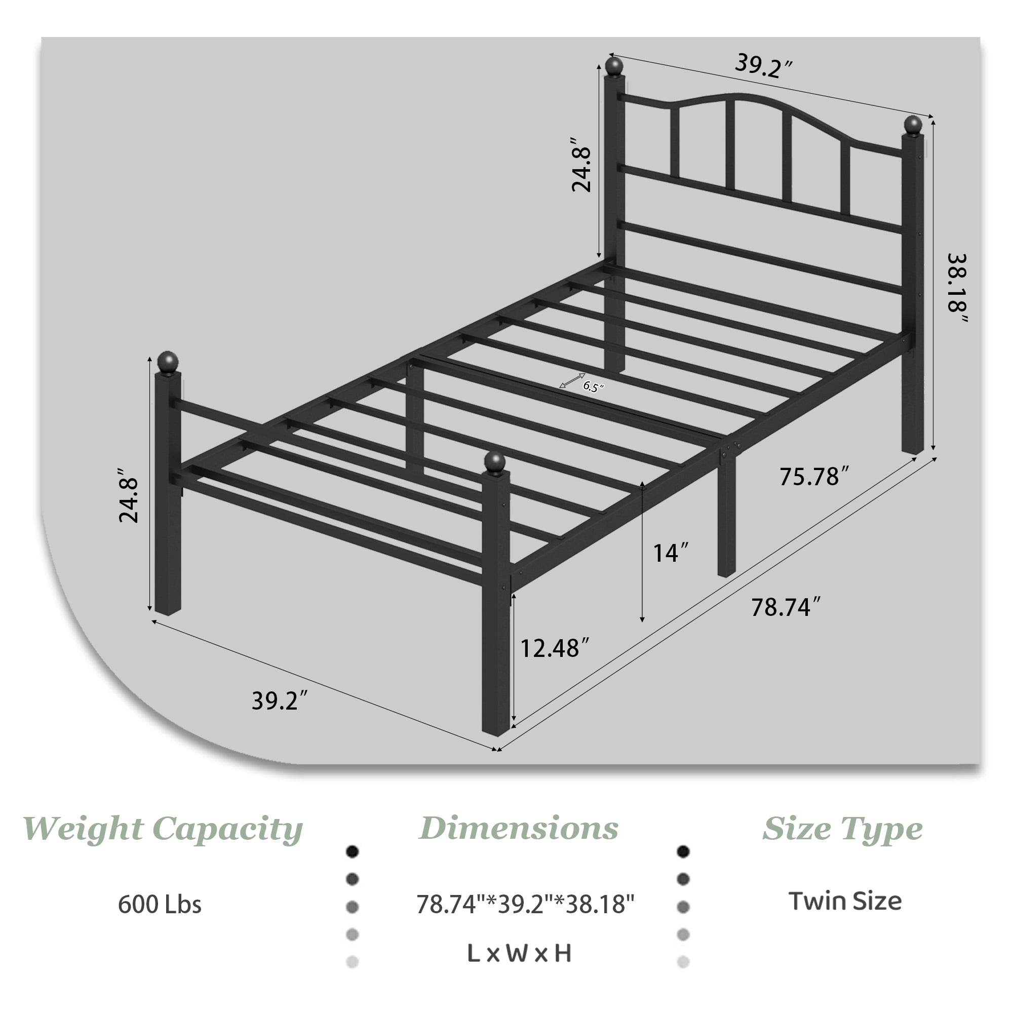 S.Tcak Metal Twin Size Bed Frame with Headboard, Heavy Duty, 12in Under Bed Storage, Easy Assembly, Black