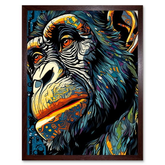 Chimpanzee Acrylic Painting Vibrant Blue Orange Green Pattern Portrait Modern Pop Art Art Print Framed Poster Wall Decor 12x16 inch