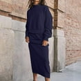 thumbnail image 6 of Vivianyo HD Women's Two-piece Waffle Knit Half-neck Suit Long-sleeved Oversized Top Long Skirt Suit Navy, 6 of 6