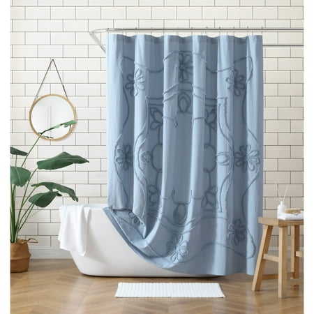 Peri Home Retro Scroll Shower Curtain Blue, 100% Cotton, 72" W x 72" L, 1 Piece