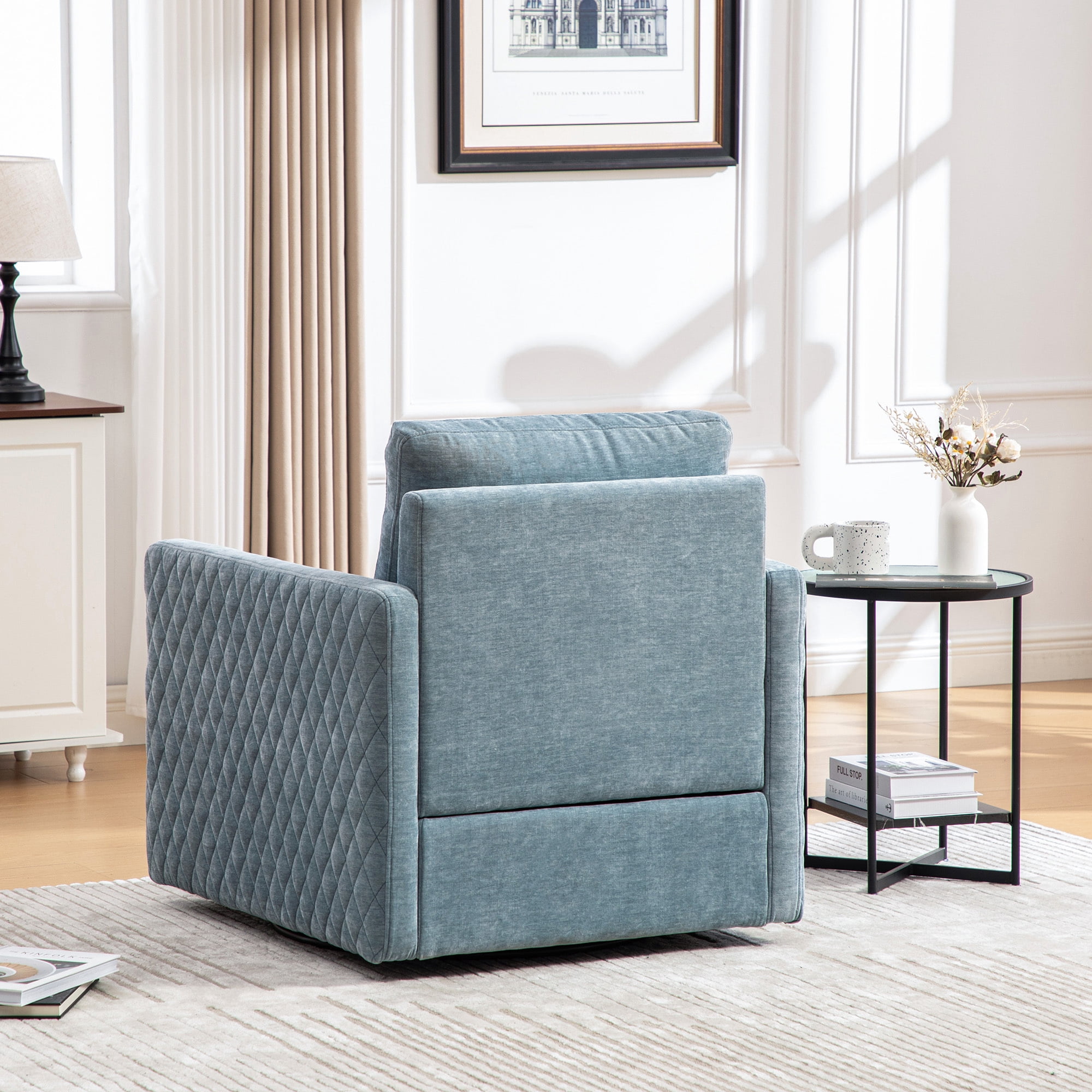 Leumius 360° Swivel Armchair with Hidden Storage, Comfy Diamond-Shape Tufted Armrests Accent Square Club Chair Single Sofa with Pillow for Living Room Bedroom Reading Nook Blue