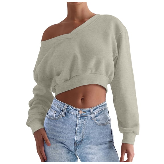 Sgkm Women Cropped Sweatshirt off The Shoulder Sweatshirt Solid Color Tops Lightweight Sweaters for Women M Grey