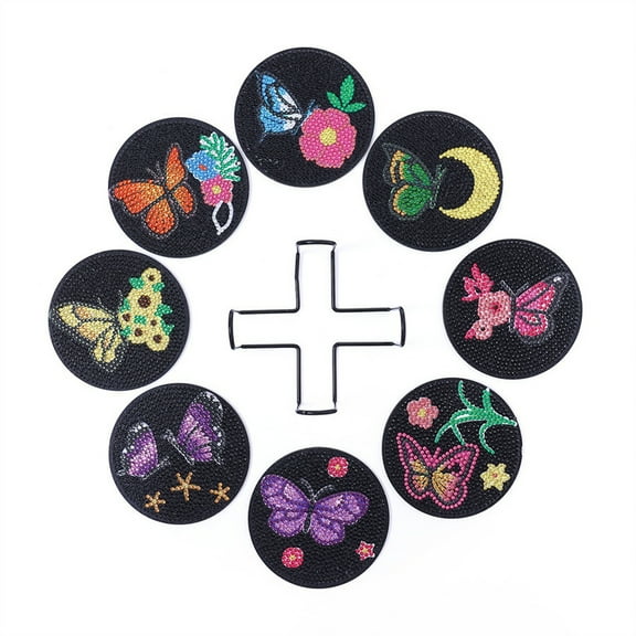8pcs 5D Diamond Painting Coaster Kit DIY Diamond Art Coaster with Bracket Anti slip Coaster Most Suitable for Beginners, Children, and Adults Handmade Art Home Decoration(Butterfly flower)