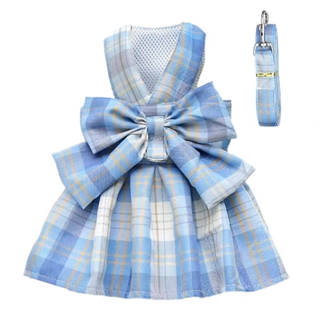 Dog Harness and Leash Set Cute Bow Tie Plaid Harnesses for Puppy Cat Adjustable Pet Kitties Vest Breathable Harness Traction Rope for Boy Girl Small Animal(Skirt Sky Blue M for 5.5-8.8lbs Dog)